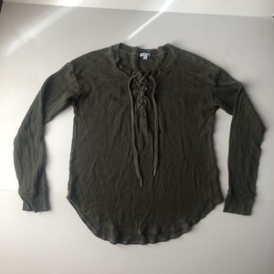 Splendid Womens Thermal Lace Up Waffle Knit Green Top Size Small